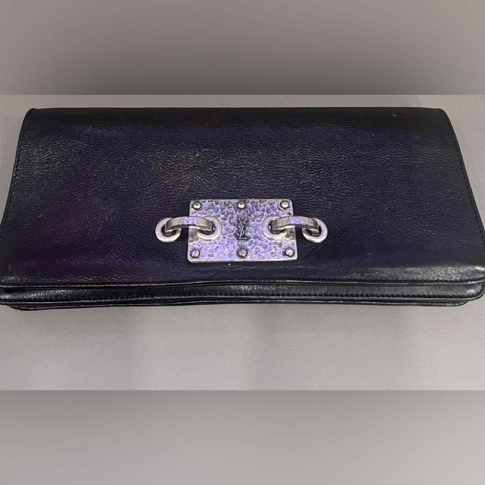 YSL Black Leather Clutch with Silver Hardware